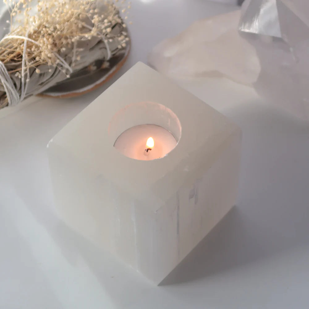 Selenite Cube Tea Light Holder - DAMAGED - DISCOUNTED