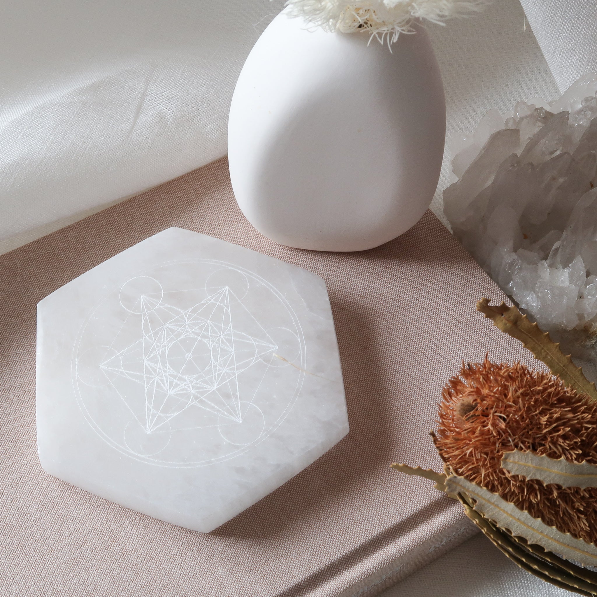 Selenite Etched Metaron's Cube Charging Plate