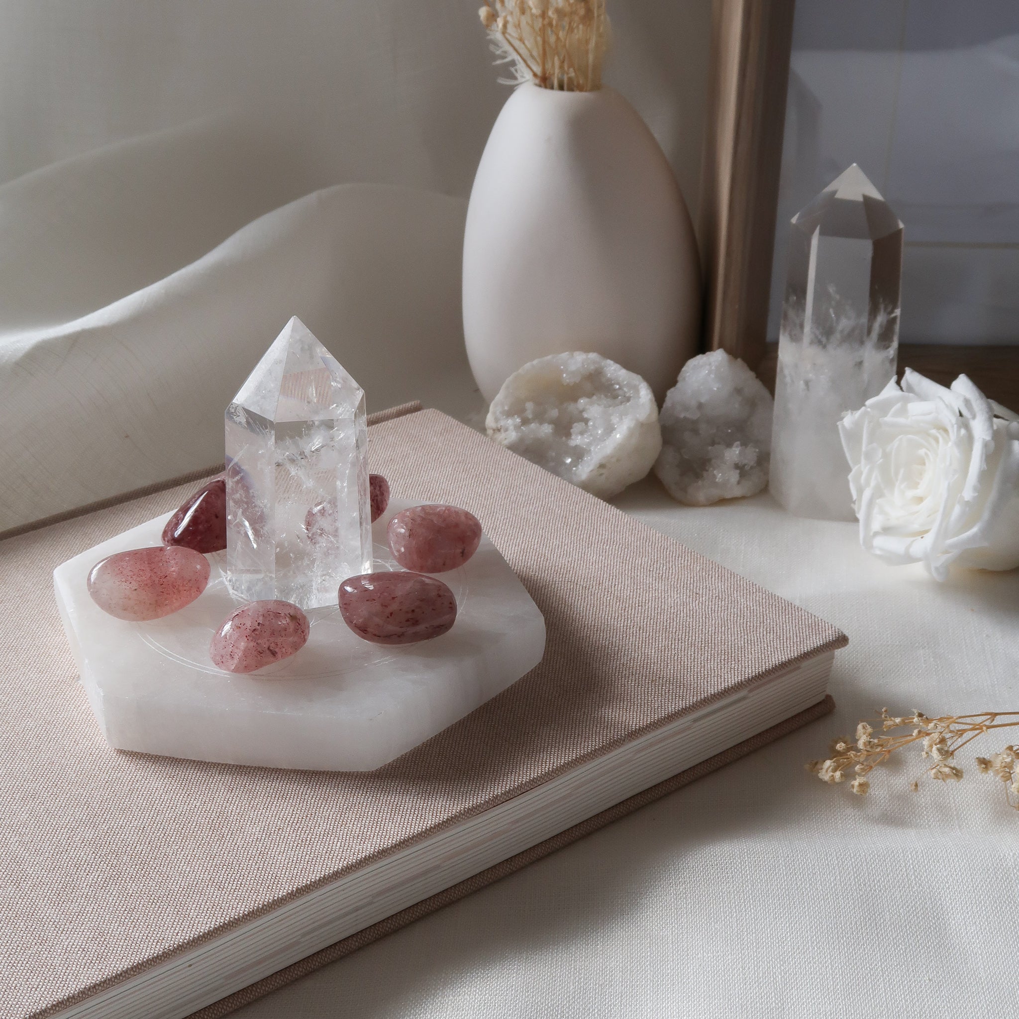 Selenite Etched Metaron's Cube Charging Plate
