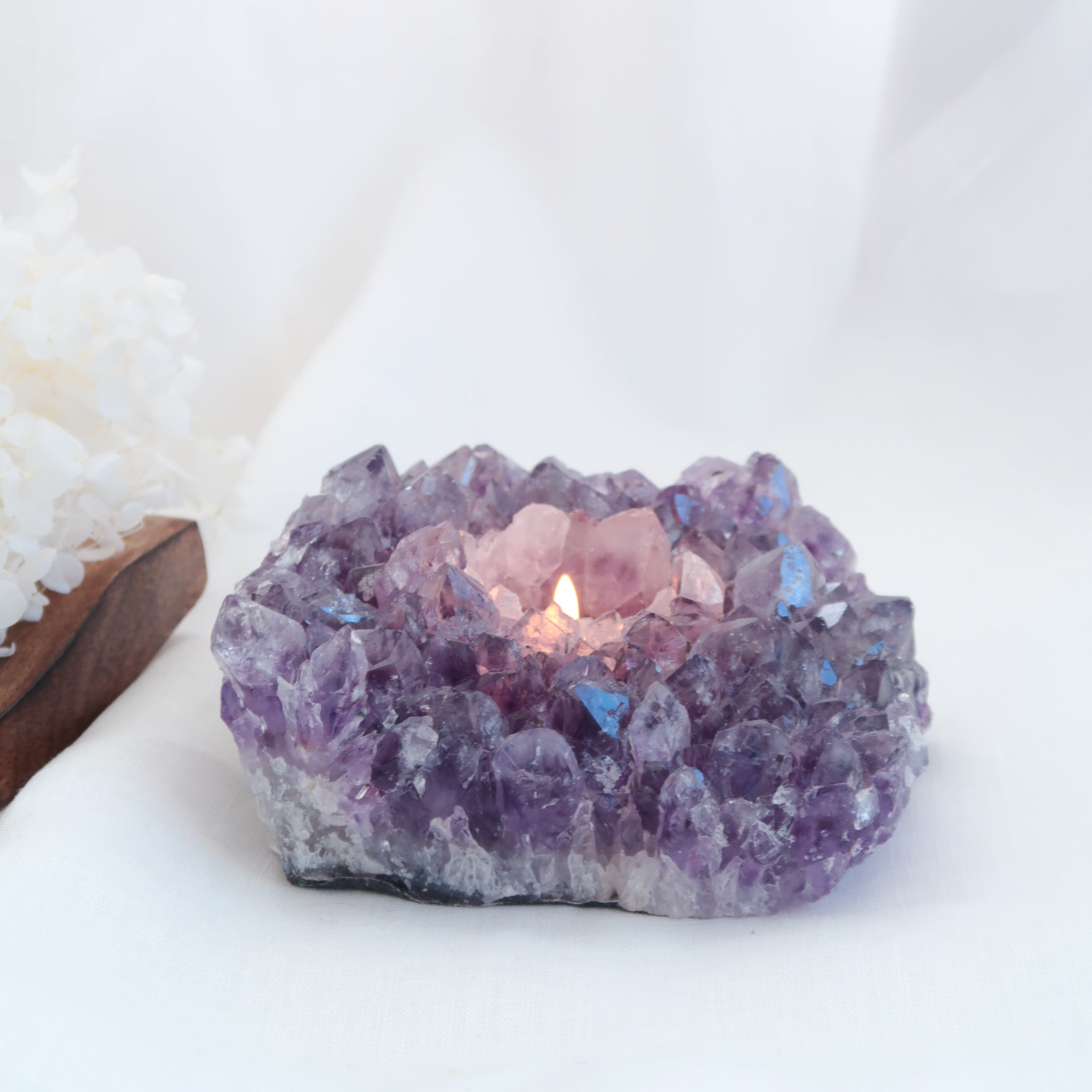 Desert Rose Natural Raw Purple Amethyst Crystal Cluster Tea Light Candle Holder