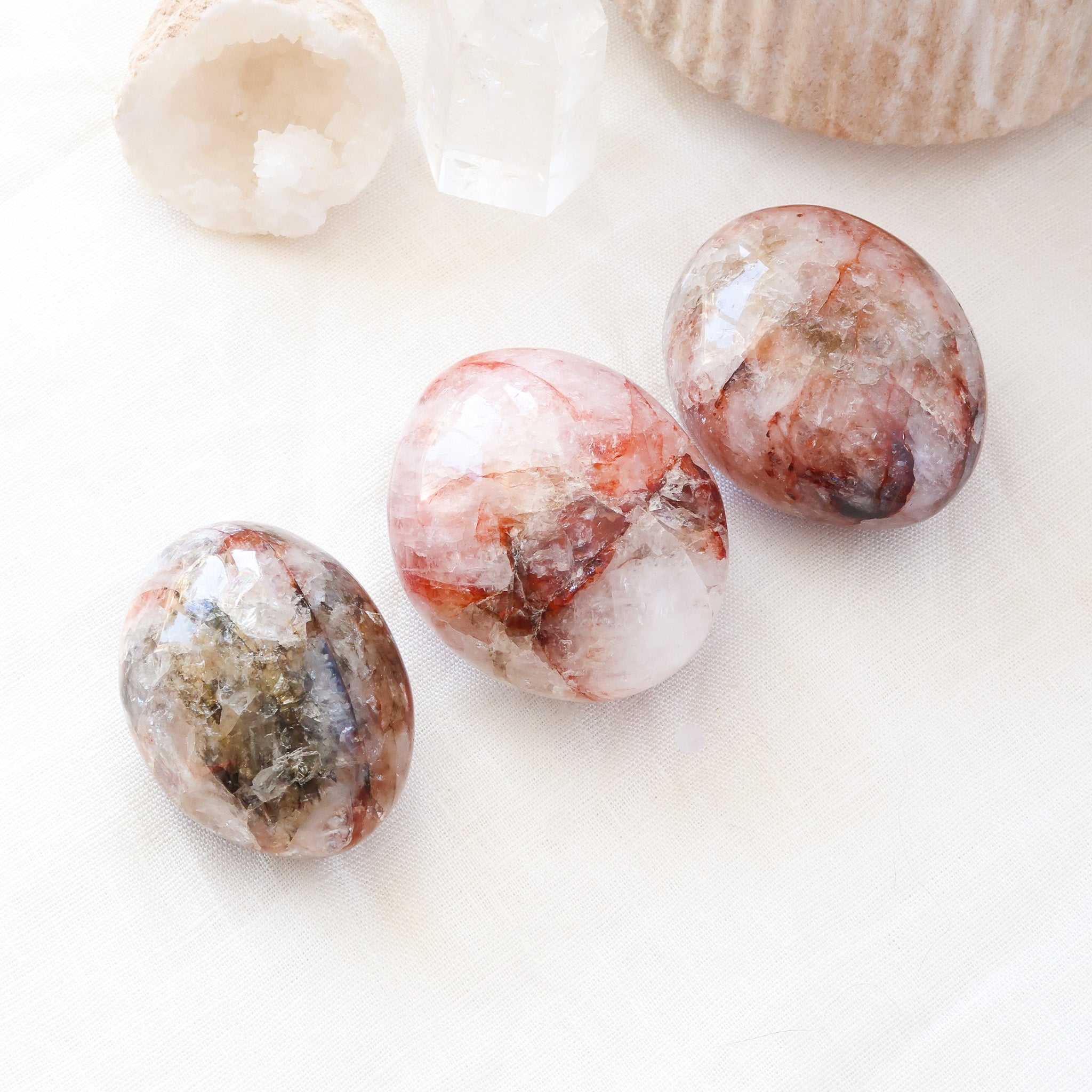 Three Natural Polished Red Hematoid Fire Quartz Crystal Palm Stones
