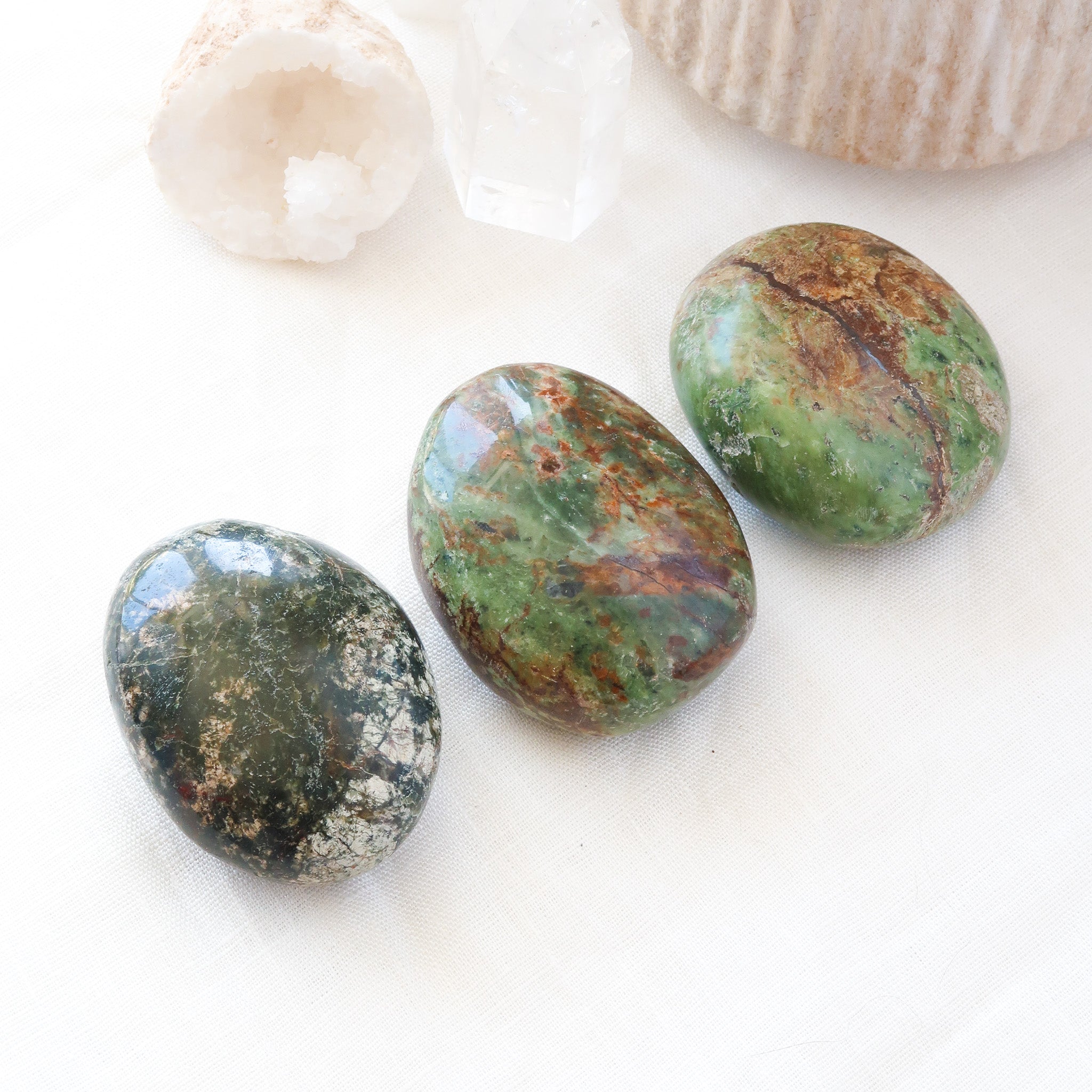 Three Natural Polished Green Chrysoprase Crystal Palm Stones