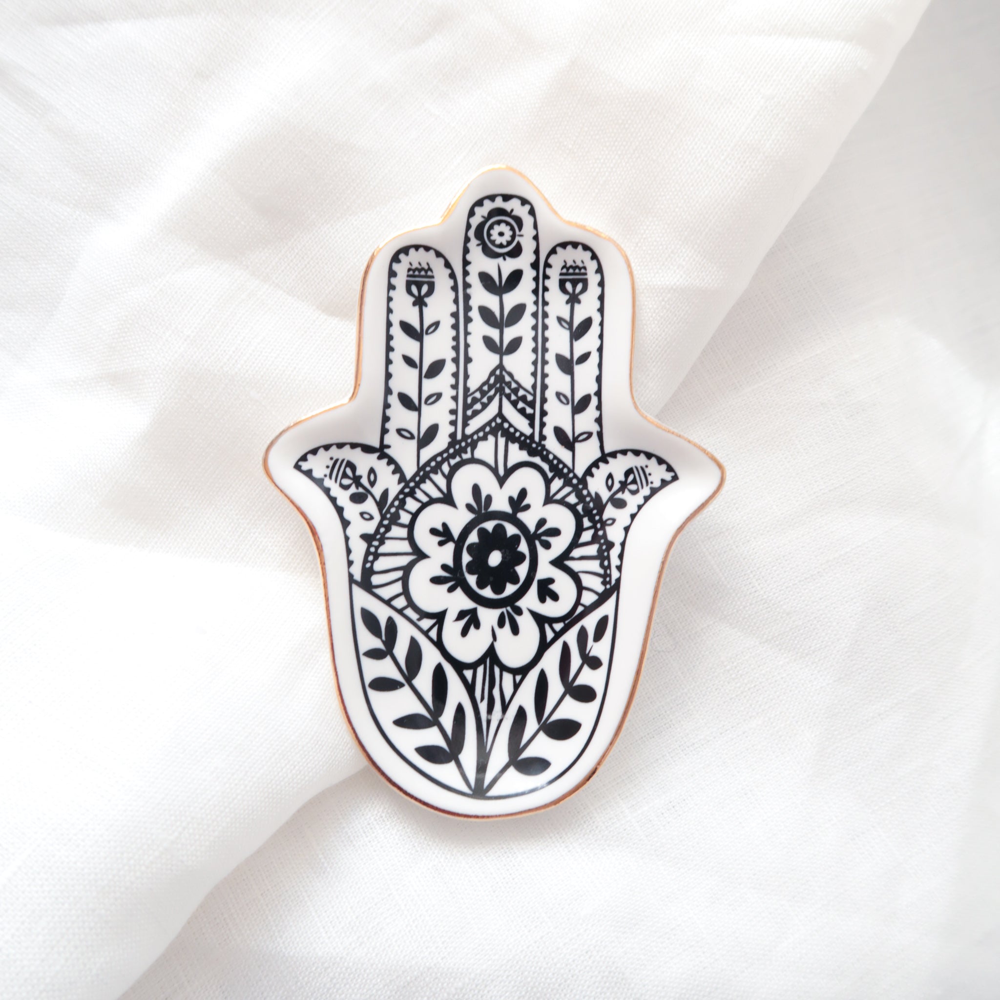 Small Black and White Hamsa Hand Trinket Jewellery Dish with Gold Trim