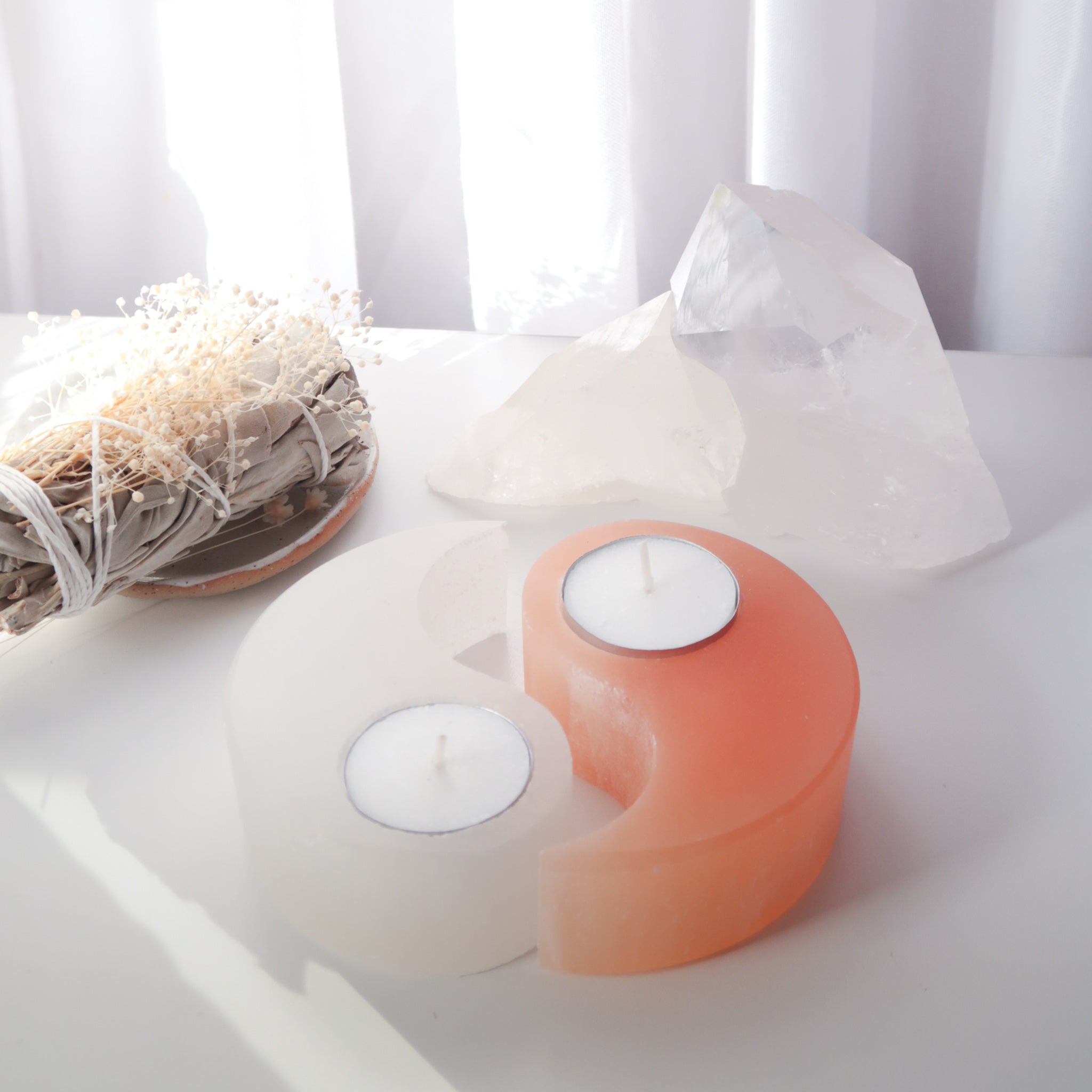 Selenite Tea Light Holder | Yin & Yang