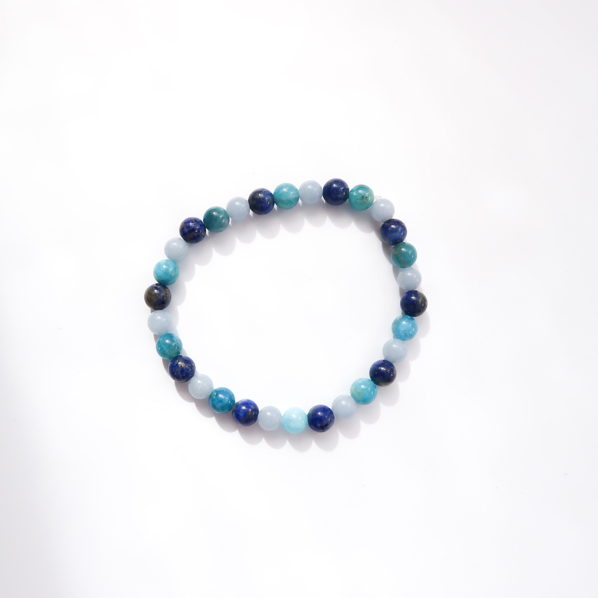 One Size Desert Rose Natural Polished Angelite, Apatite and Lapis Lazuli Crystal 6mm Bead Bracelet
