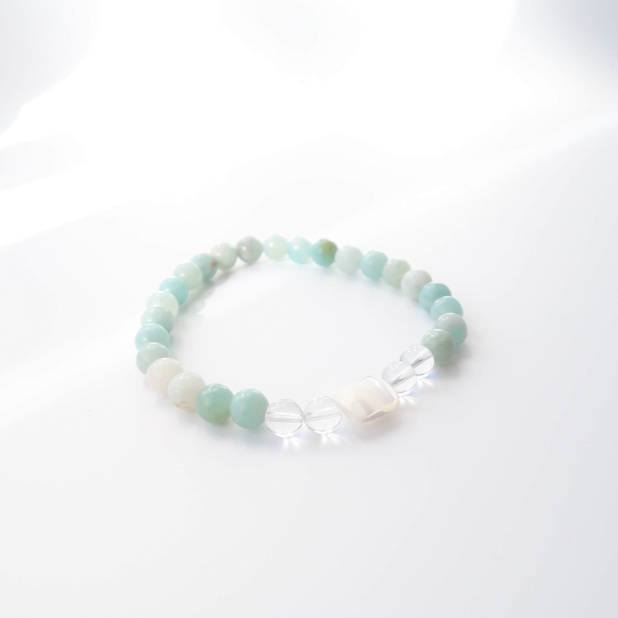 Green and Blue One Size Amazonite Clear Quartz Beaded Crystal Bracelet with Mother of Pearl