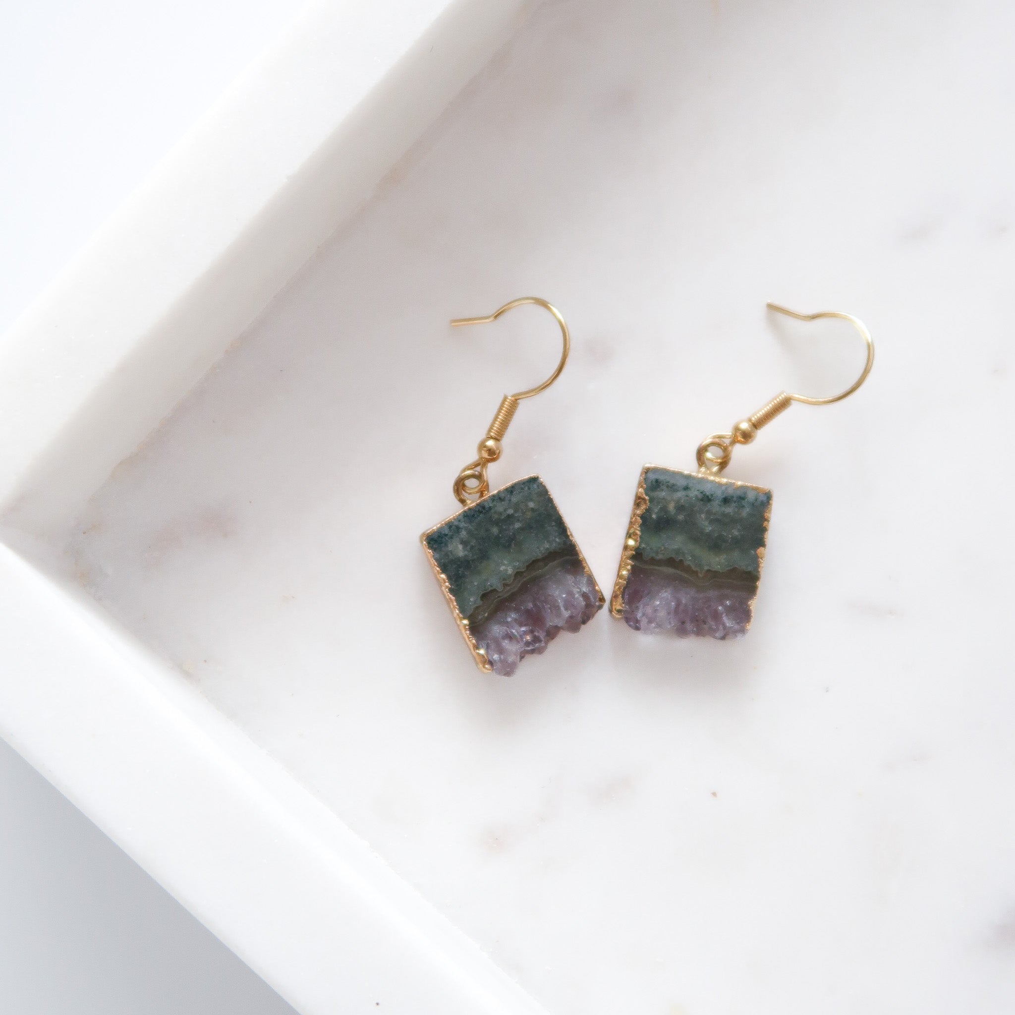 Desert Rose Natural Gold Plated Small Purple Amethyst Cluster Crystal Earrings