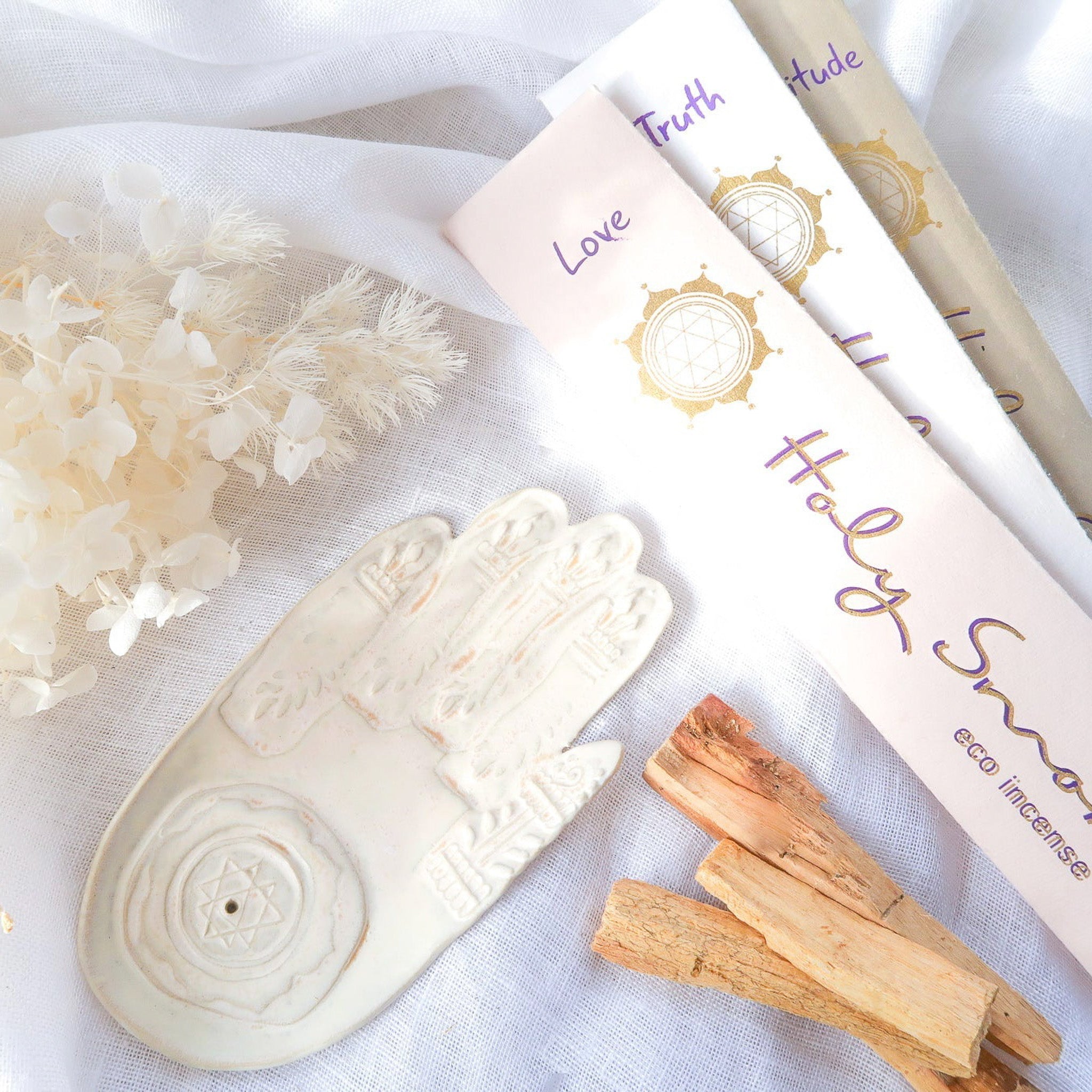 Clay By Bee Limited Edition Cream Hand Made Ceramic Hamsa Hand Incense Holder
