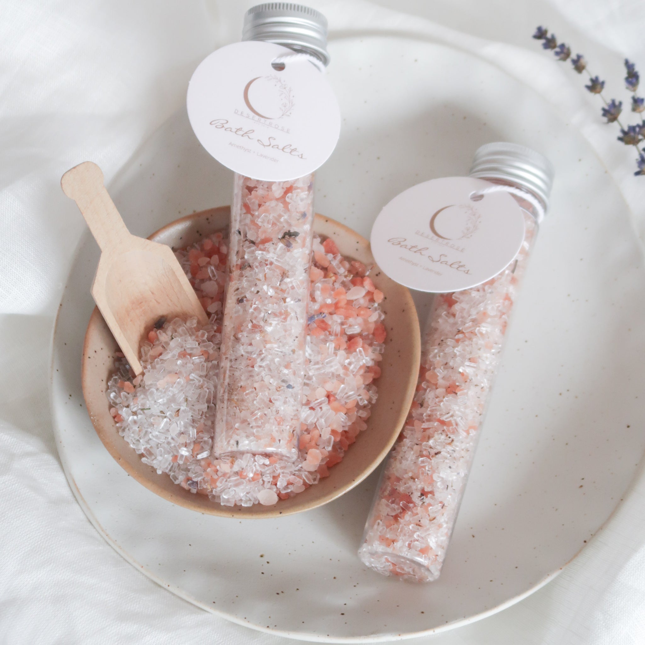Essential Lavender Oil, Epsom and Himalayan Bath Salt Tube With Purple Amethyst Crystal