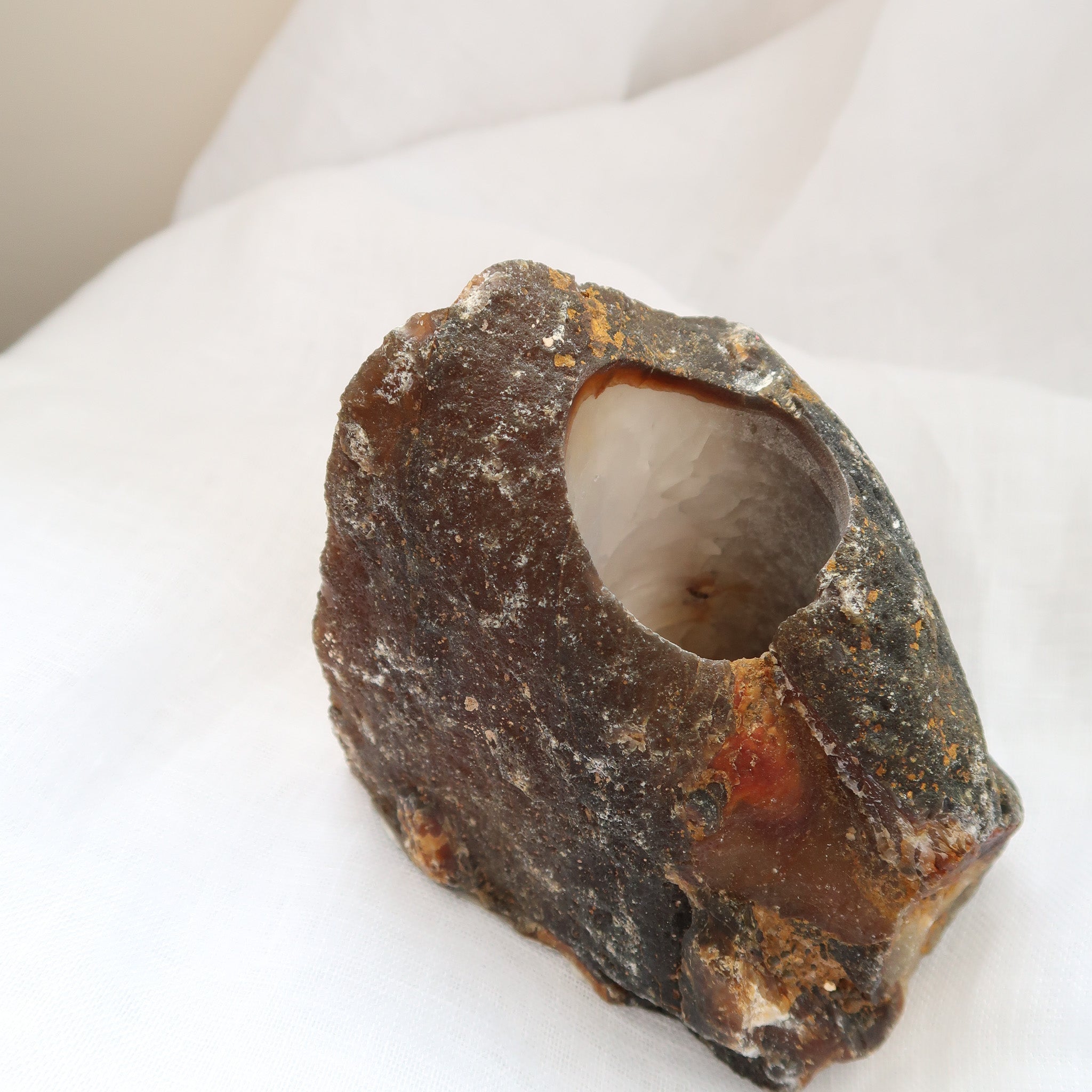 Natural Large Brown and White Semi Polished Agate Tea Light Holder Opening Space For Tea Light Candle