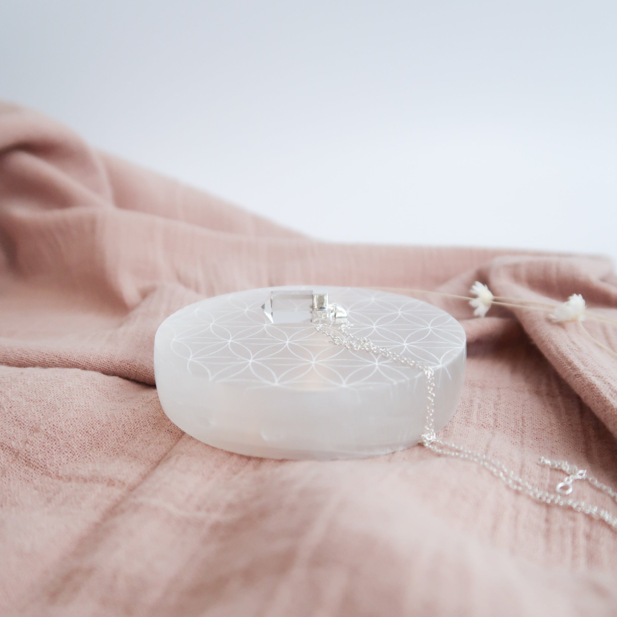 Selenite Etched Flower of Life Charging Plate