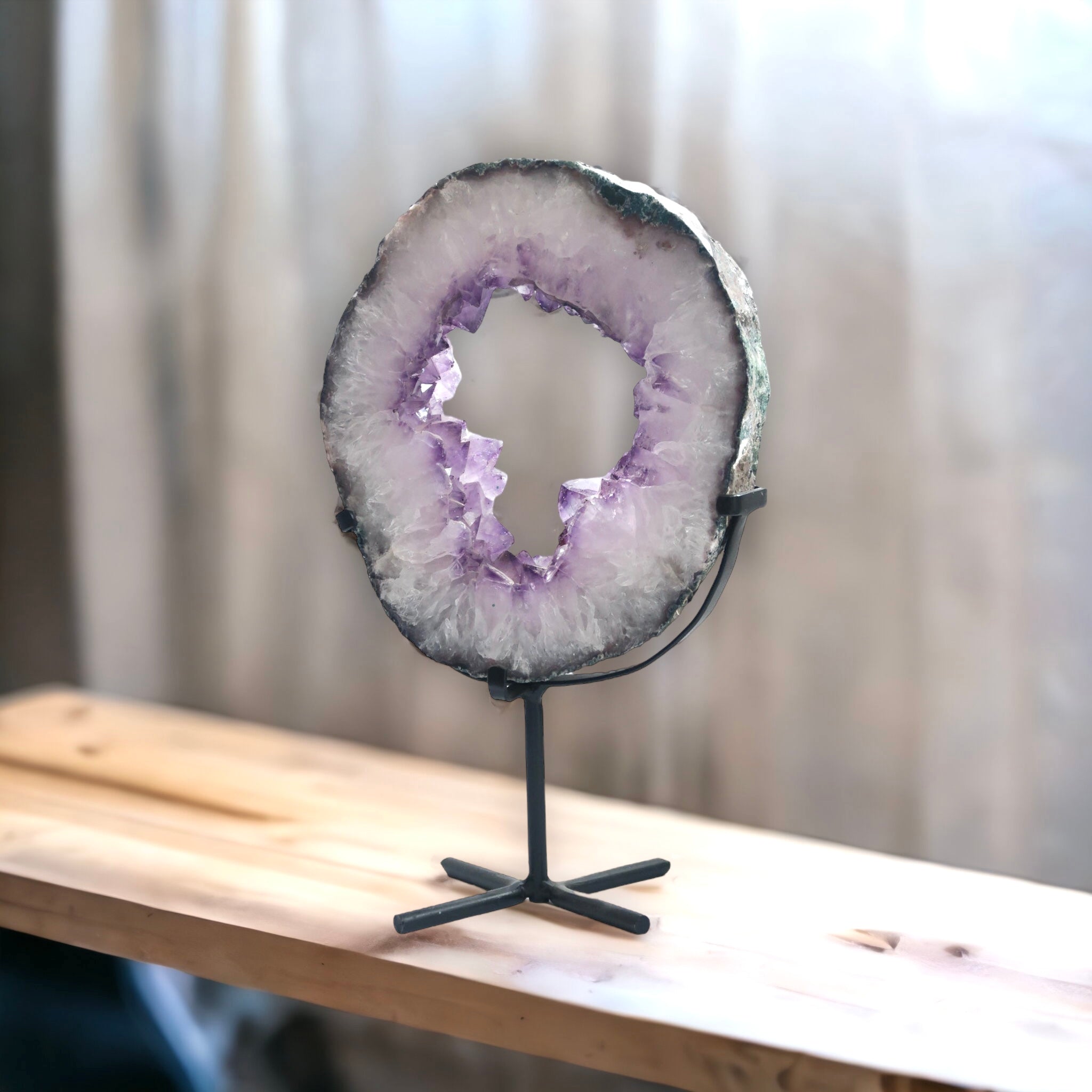 Desert Rose Large 3kg Natural Purple Amethyst Cluster Portal On Black Metal Stand
