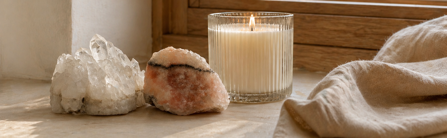Candle in a glass holder with crystals and a blanket on a windowsill with a view of trees.