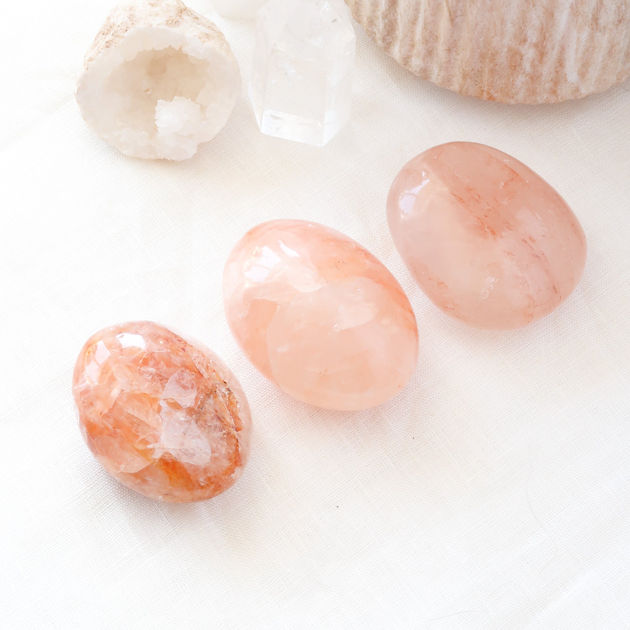 Three Natural Polished Red and Orange Hematoid Fire Quartz Crystal Palm Stones