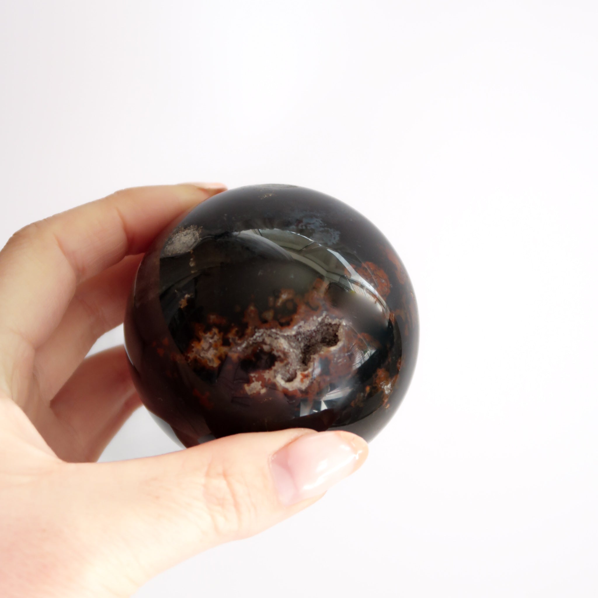 Natural Large Black and Red Polished Drusy Agate Sphere